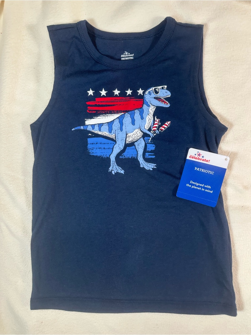 NWT Celebrate! Kids' Navy Patriotic Dino Tank Top Size 5T